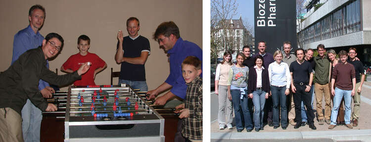Henri Saenz as a PhD student at the Biozentrum. Table soccer (left) and group picture (right) taken in the early 2000 years.