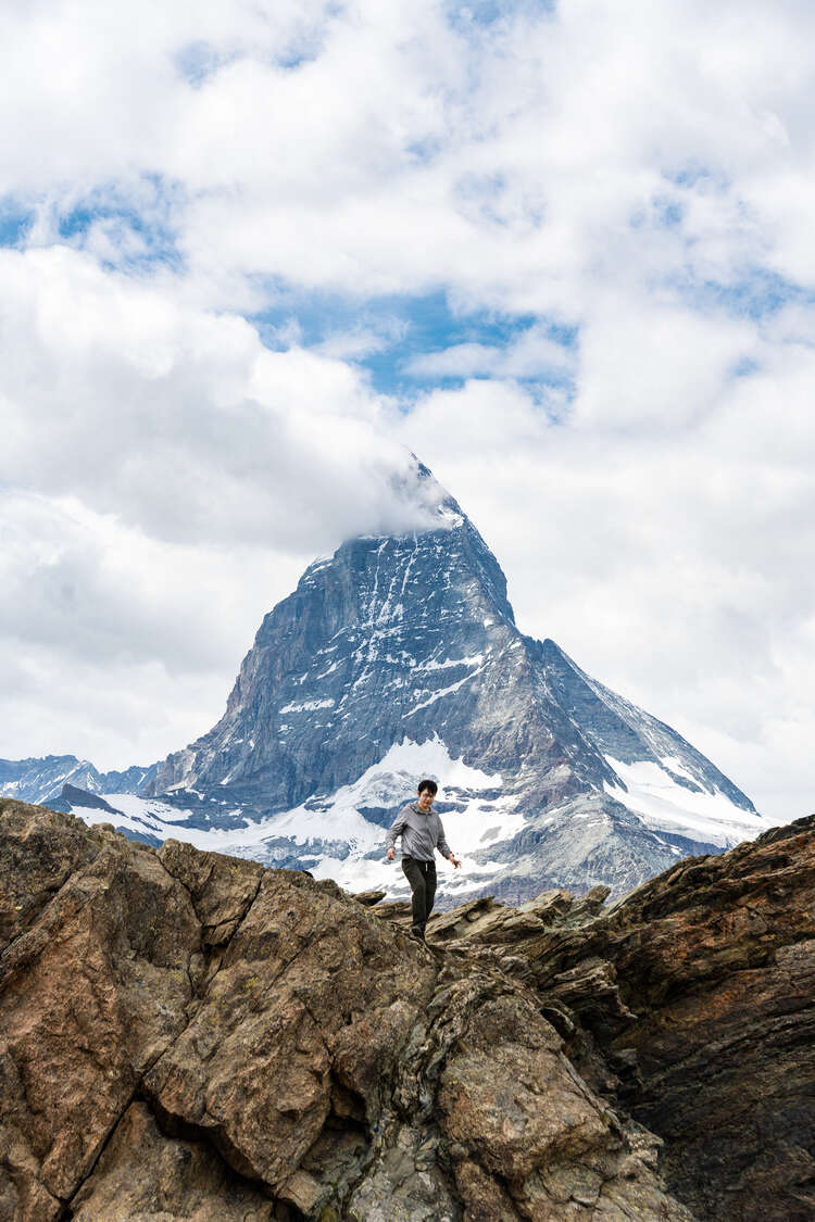 Zhiping Wang during a hike in Zermatt. In the background is the famous Matterhorn.